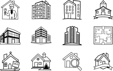 Real Estate Icons Homes, Buildings, Apartments, and Property Sale
