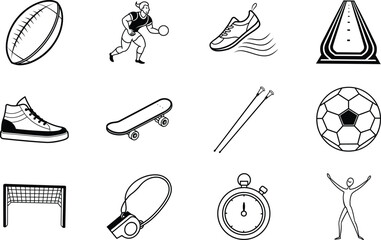 Sports Equipment Icons Ball, Shoe, Skateboard, Timer, Competition
