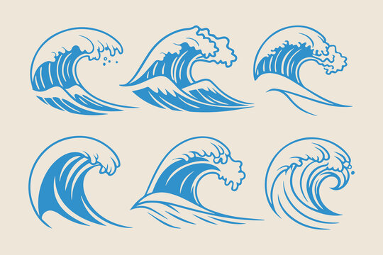Vintage Hand-Drawn Ocean Waves, Storm Tides, and Beach Storms Vector Illustration Set
