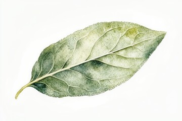 A sage leaf with a soft watercolor wash, muted green tones, isolated