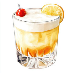 refreshing whiskey sour cocktail featuring vibrant yellow hue, garnished with lemon slice and cherry on top, perfect for any occasion