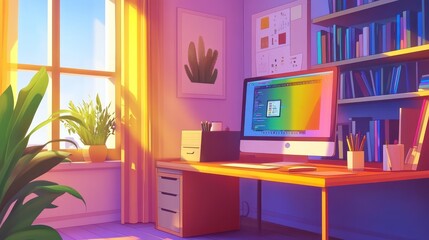 Cozy designer workspace with sunlight