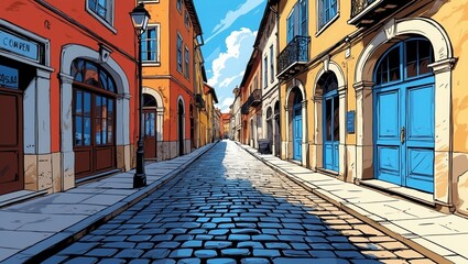 Fototapeta premium Colorful cobblestone street with bright orange and yellow buildings under blue sky in European town hand-drawn illustration