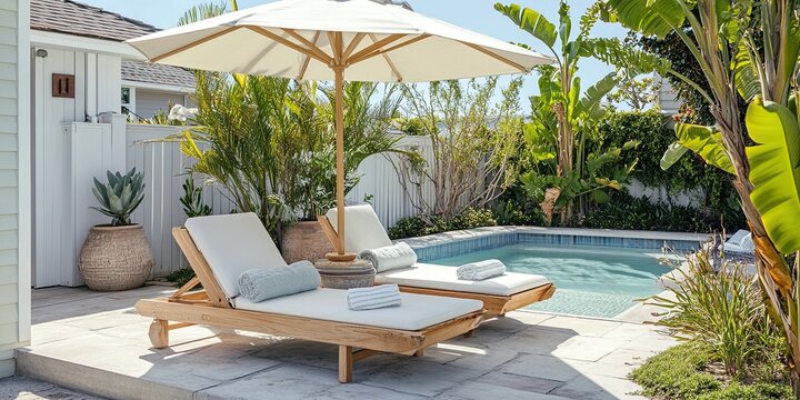 Elegant coastal backyard retreat featuring sunbeds and soft fabric umbrella