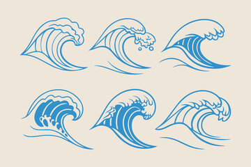 Hand-drawn vector illustrations of sea waves, featuring stormy waves, vintage tides, and ocean beach storms