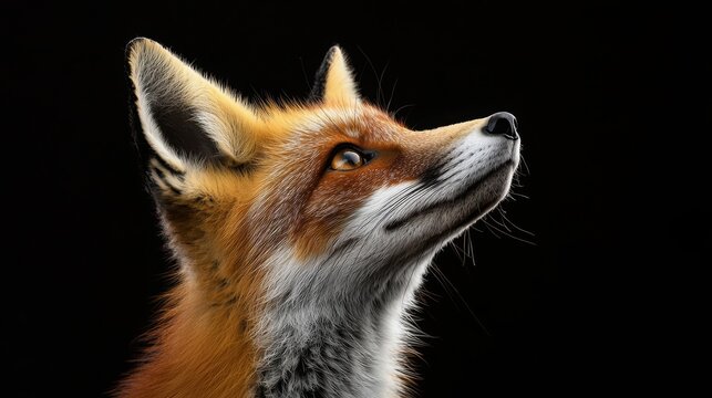 Curious fox gazing upwards with enigmatic expression while surrounded by lush greenery and natural habitat