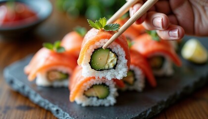 sushi rolls with salmon and avocado, being picked up with chopsticks