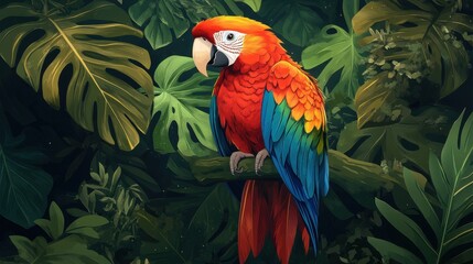 Colorful parrot perched on a tree branch surrounded by tropical foliage