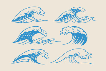 Hand-drawn vector illustrations of sea waves, featuring stormy waves, vintage tides, and ocean beach storms