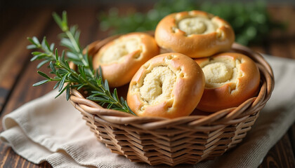 Freshly baked rolls with rosemary herbs in a wicker basket