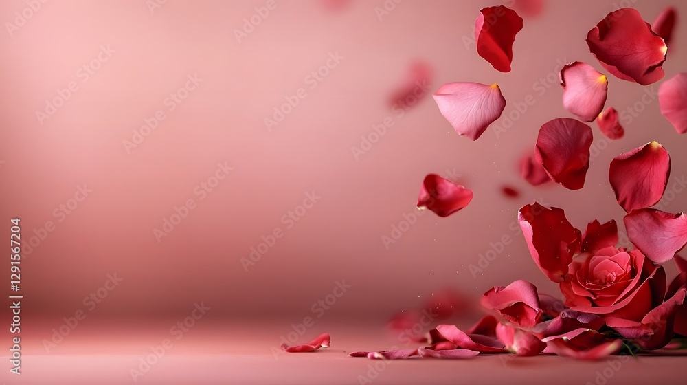Poster falling rose petals gracefully framing a soft blurred gradient background creating a romantic elegan