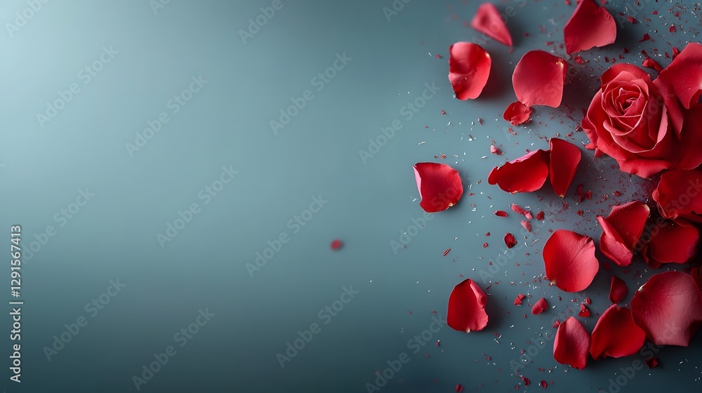 Poster falling rose petals framing a soft blurry gradient background with a focus on the delicate romantic 