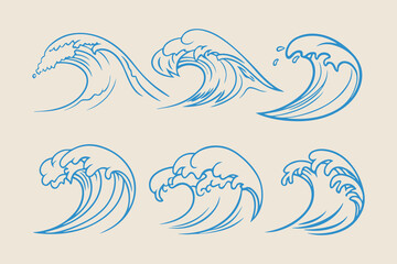 Hand-Drawn Sea Waves Sketch Set, Vintage Storm Waves, Ocean Tides, and Beach Storms Vector Illustrations