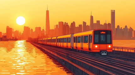 Fototapeta premium Sunset Subway Train Across City River