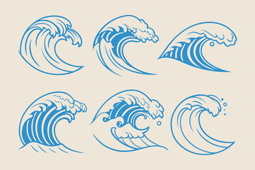 Hand-Drawn Sea Waves Sketch Set, Vintage Storm Waves, Ocean Tides, and Beach Storms Vector Illustrations