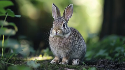 Fototapeta premium Adorable rabbit sitting in a patch of soft green grass under the warm sunlight on a beautiful spring day