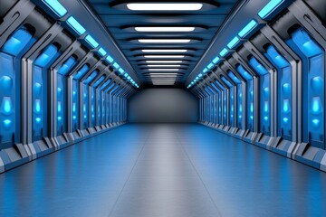 Fototapeta premium The interior of an industrial spaceship, a dark and metallic environment with metal walls, a flat floor, and a flat ceiling. The center of the space is empty. This is a 3D render created using