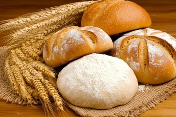 Freshly Baked Bread with Wheat Ears on Natural Linen Background