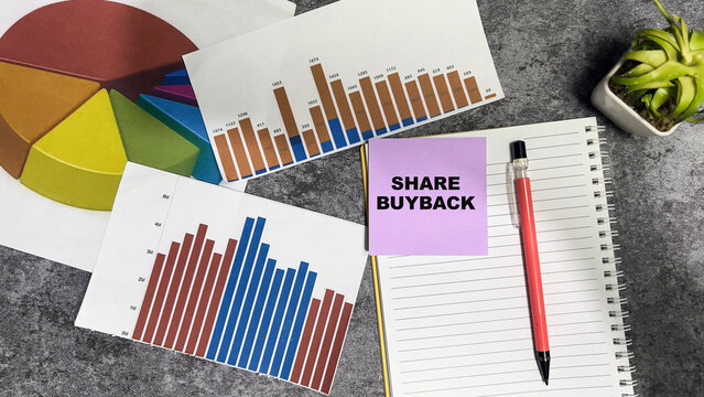 Concept of Share Buyback write on sticky notes isolated on Wooden Table.