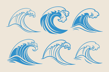 Hand-Drawn Sea Waves Sketch Set, Vintage Storm Waves, Ocean Tides, and Beach Storms Vector Illustrations
