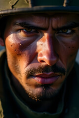 Obraz premium Intense soldier portrait military base close-up photography natural light eye-level character study