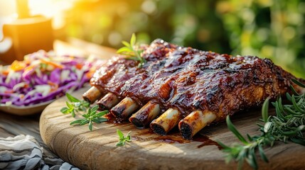 Delicious bbq pork ribs with rosemary on wooden cutting board