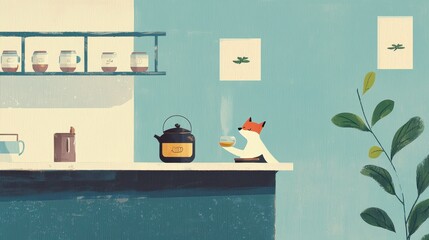 Curious Fox Masterfully Serving Aromatic Tea Blends in a Cozy, Inviting Kitchen Setting