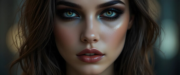 Fototapeta premium Captivating portrait of a young woman with striking eyes studio setting photography dramatic lighting close-up beauty concept