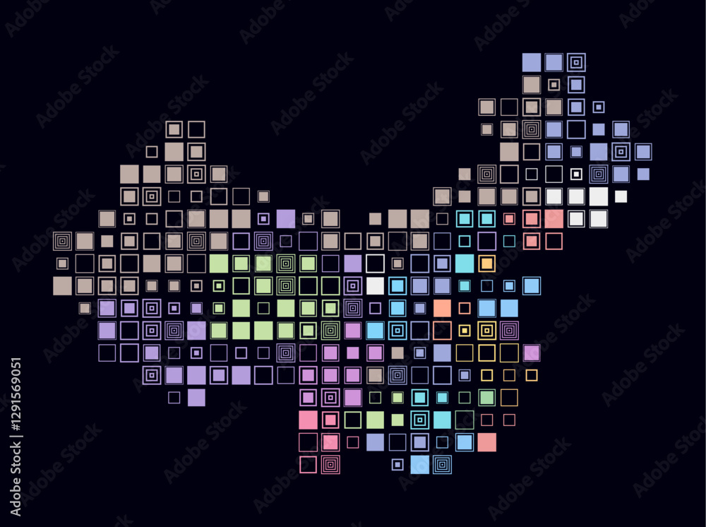 Poster china, shape of the country build of colored cells. digital style map of the china on dark backgroun