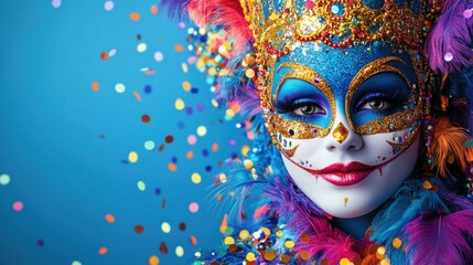 Woman wearing a colorful mask adorned with feathers at a festive event or celebration