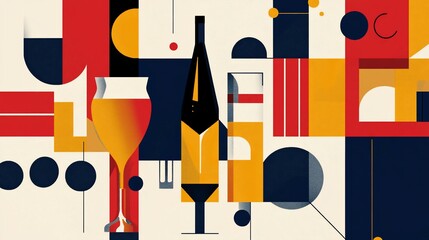 Modern Art Deco Style Illustration of Beer Glasses and Bottle Composition