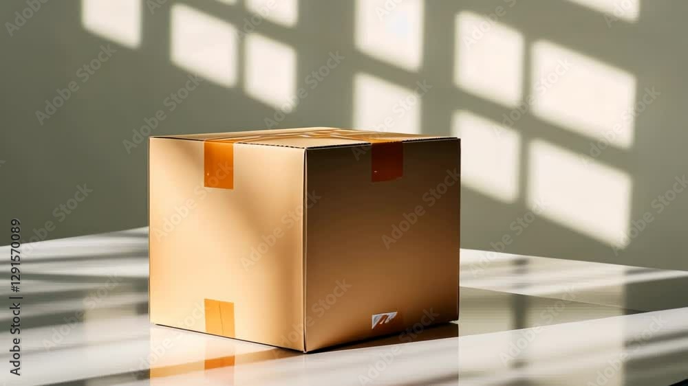 Poster minimalist cardboard box on table with soft sunlight and shadow patterns