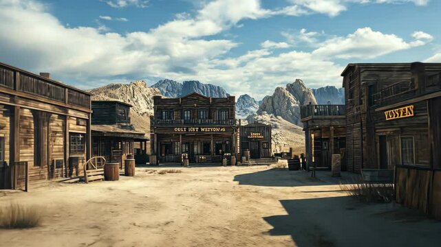 Dusty western desert town features wooden saloons and rugged landscapes under a bright sky, dusty western desert town with wooden saloons, Seamless ing video background