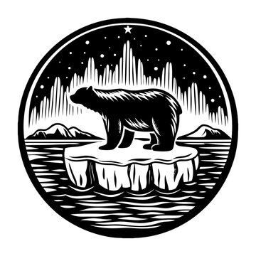 Majestic polar bear standing on a melting ice floe in the arctic ocean at night, surrounded by a starry sky and distant mountains, highlighting climate change's impact