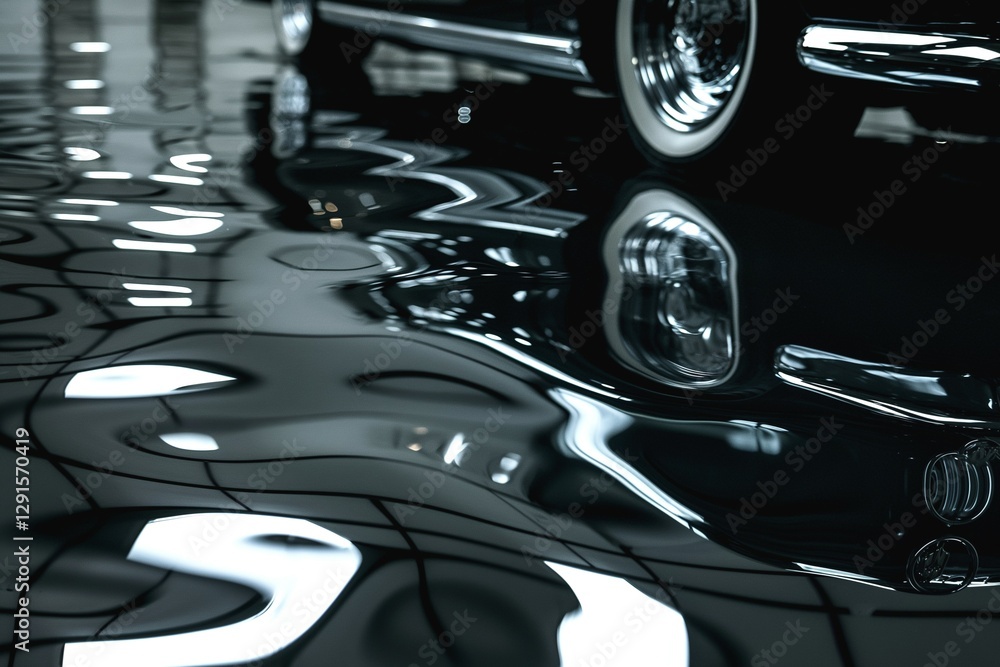 Poster a close-up of classic car wheels reflecting on a glossy surface, creating mesmerizing patterns.
