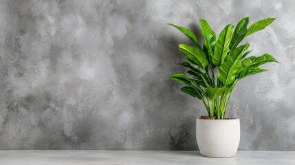 Lush green plant in pot against textured wall