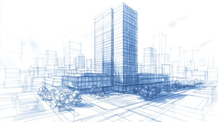 A finely crafted architectural sketch illustrating a futuristic cityscape with a towering high-rise, featuring reflective glass surfaces and metal beams