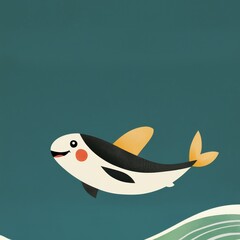 Cute Kawaii Fish Riding a Wave in Surfer Style Against a Solid Color Background