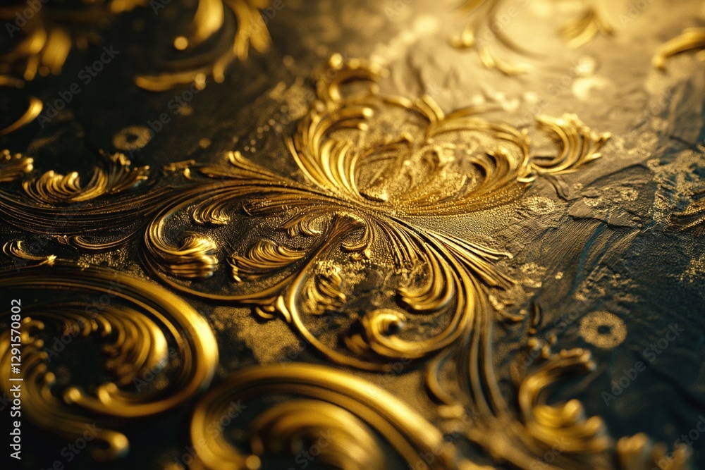 Poster Intricate golden swirls on a dark background create an elegant and luxurious texture.