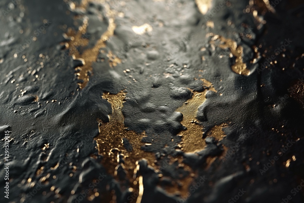 Poster an abstract close-up of textured surface with gold accents contrasting against a dark background, cr