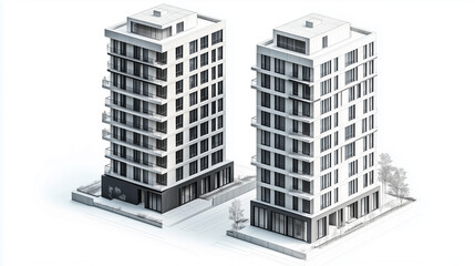 A full exterior view of two modern high-rise residential buildings in an isometric rendering, meticulously designed with geometric precision