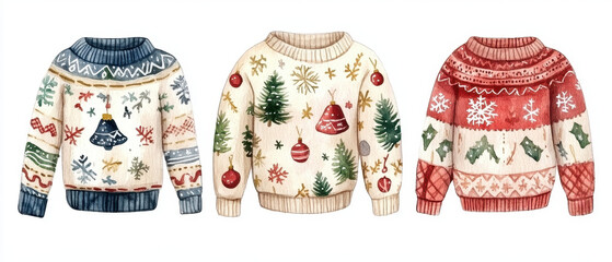 Cozy knitted sweaters with Christmas patterns, featuring festive designs and warm colors, perfect for holiday celebrations and winter gatherings