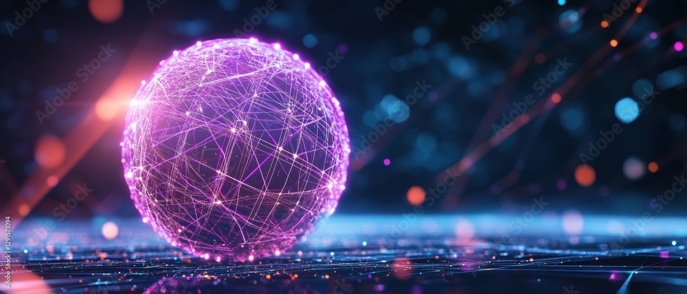 Poster 3d sphere with network of lines and dots representing connections and data visualization