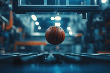 Basketball ball floating in the air inside some facility