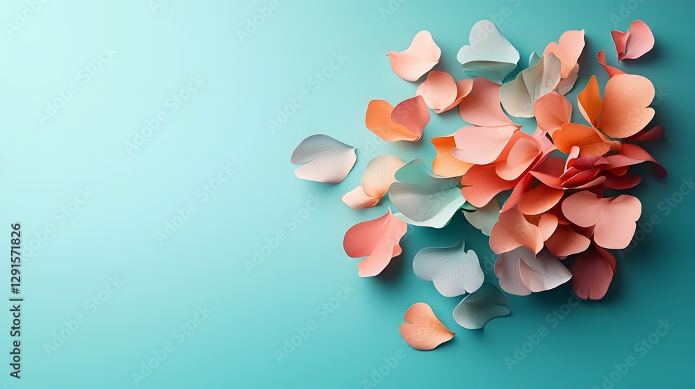 Poster floating pastel colored floral petals against a luxurious smooth gradient background creating a sere