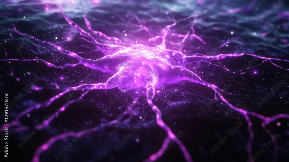 Poster purple and blue explosion of light creating a stunning visual effect in a dark background