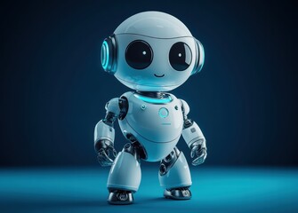 A cute robot image with a blue background. This robot has big eyes and a smiling expression, making it very friendly and approachable.