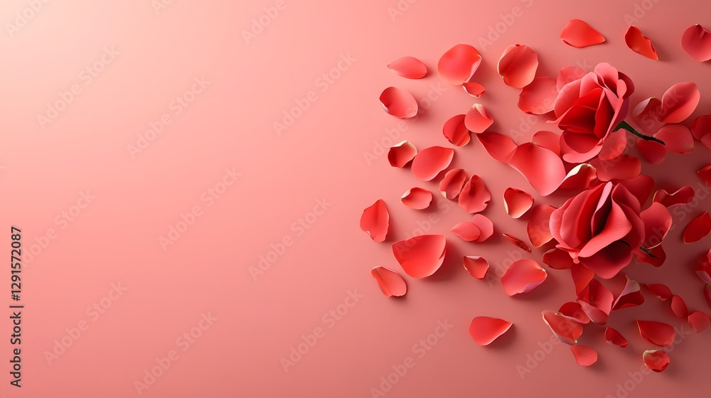 Poster floating rose petals drifting from the edges on a dreamy soft pink background with an empty center c