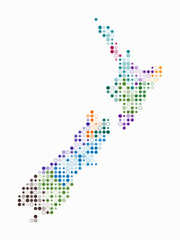 New Zealand, shape of the country build of colored cells. Digital style map of the New Zealand on white background. Small size circle blocks. Abstract vector illustration.