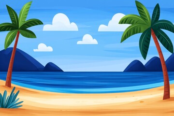 Obraz premium a 2D cartoon illustration of a beach with palm trees and a hammock, tropical and relaxing, white background
